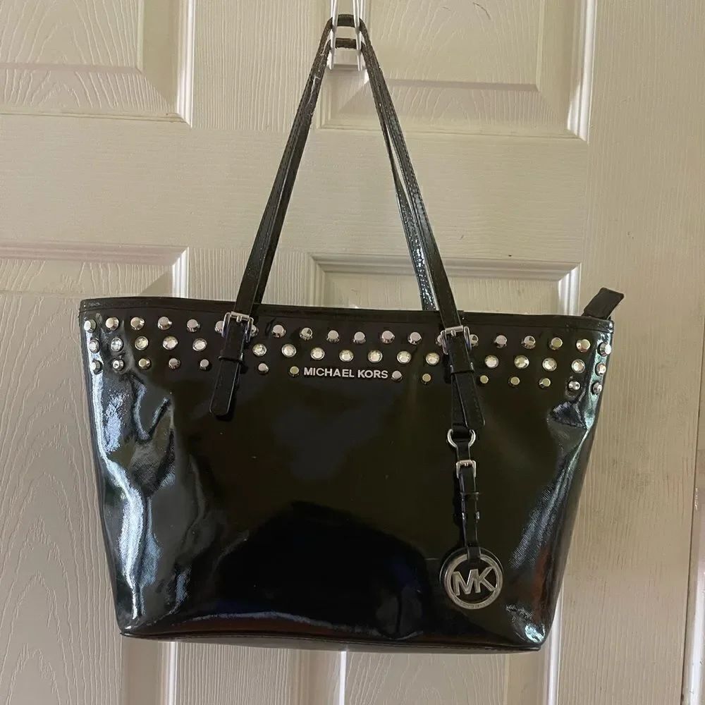 Michael Kors black patent  medium tote with jewels and silver tone studs accents